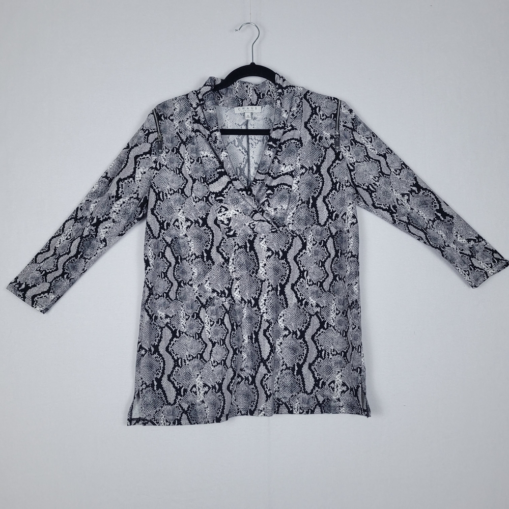 Chaus Top Womens Blouse Gray Black Animal Print Work V Neck Zipper